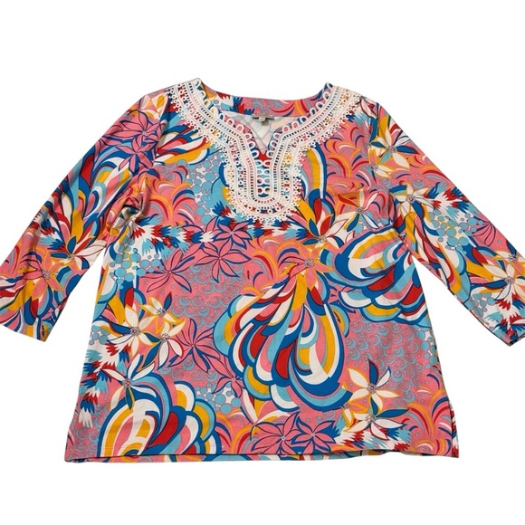 Talbots Tops - Talbots Women's Lace Trim Tunic Top Floral Bright Colorful Neon Size L